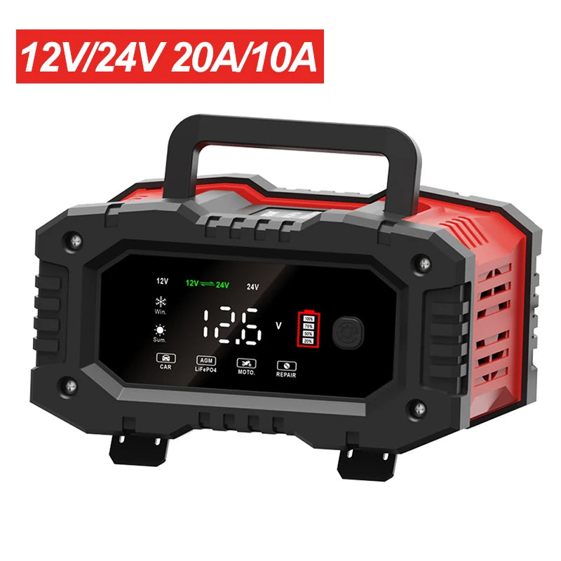 12V/24V Fully Automatic Battery Charger 7-Segment Smart Car Battery Charger Pulse Repair for Agm Gel Wet Lead Acid Charging