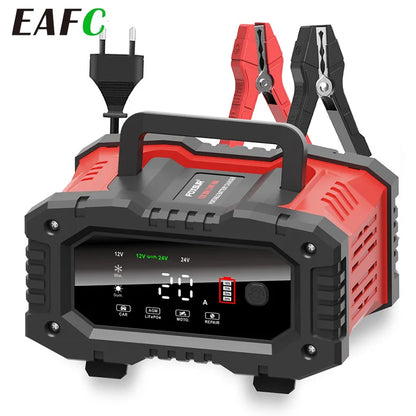 12V/24V Fully Automatic Battery Charger 7-Segment Smart Car Battery Charger Pulse Repair for Agm Gel Wet Lead Acid Charging