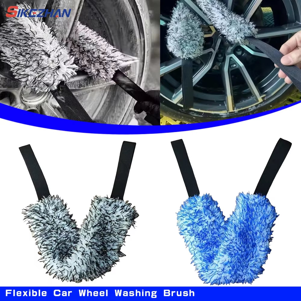 SIKEZHAN Flexible Car Wheel Washing Brush Microfiber Double-Sided Long Belt Cleaning Towel Brush Wheel Hub Pull Belt Brush Tool
